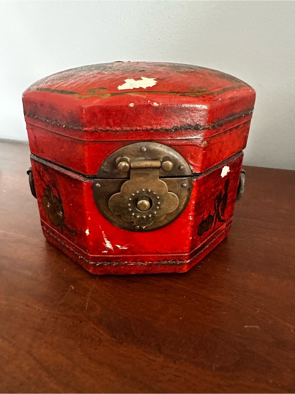 Vintage Asian-Inspired Red Lacquer Octagonal Keepsake Dragon & Phoenix Box